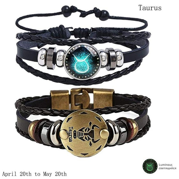 2pcs/set 12 Constellation Bracelets Luminous Charm Leather Bracelet Zodiac Horoscope Braided Bangle Men Women Jewelry Wrist Gift