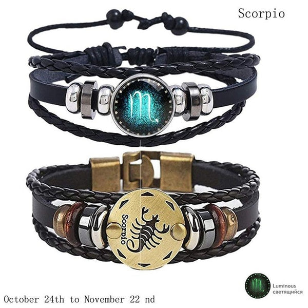 2pcs/set 12 Constellation Bracelets Luminous Charm Leather Bracelet Zodiac Horoscope Braided Bangle Men Women Jewelry Wrist Gift