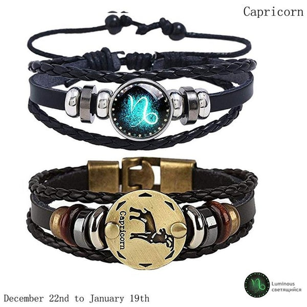 2pcs/set 12 Constellation Bracelets Luminous Charm Leather Bracelet Zodiac Horoscope Braided Bangle Men Women Jewelry Wrist Gift