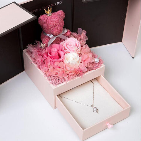 2020 Valentine's Day Gifts Artificial Flowers Bear Rose Two Door Gifts Box Enternal Rose Birthday Anniversary Wedding gifts