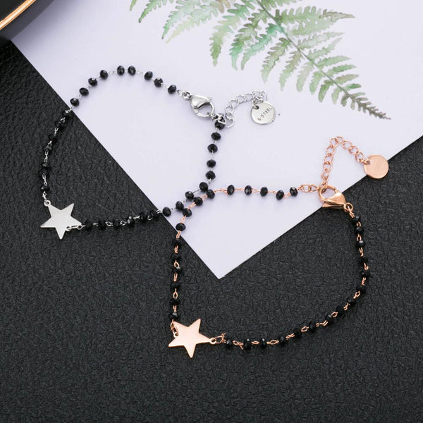 Stainless Steel Black Crystal Beads Chain Bracelet Rose Gold Heart Star Four Clover Charms Bracelet For Women 2020 Steel Jewelry