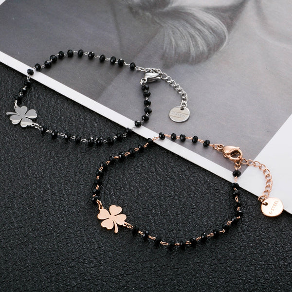 Stainless Steel Black Crystal Beads Chain Bracelet Rose Gold Heart Star Four Clover Charms Bracelet For Women 2020 Steel Jewelry