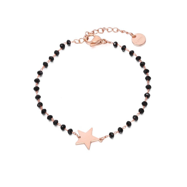 Stainless Steel Black Crystal Beads Chain Bracelet Rose Gold Heart Star Four Clover Charms Bracelet For Women 2020 Steel Jewelry