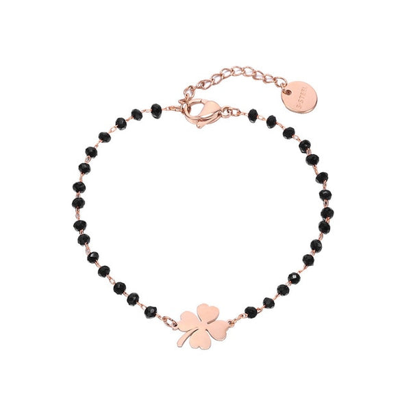 Stainless Steel Black Crystal Beads Chain Bracelet Rose Gold Heart Star Four Clover Charms Bracelet For Women 2020 Steel Jewelry