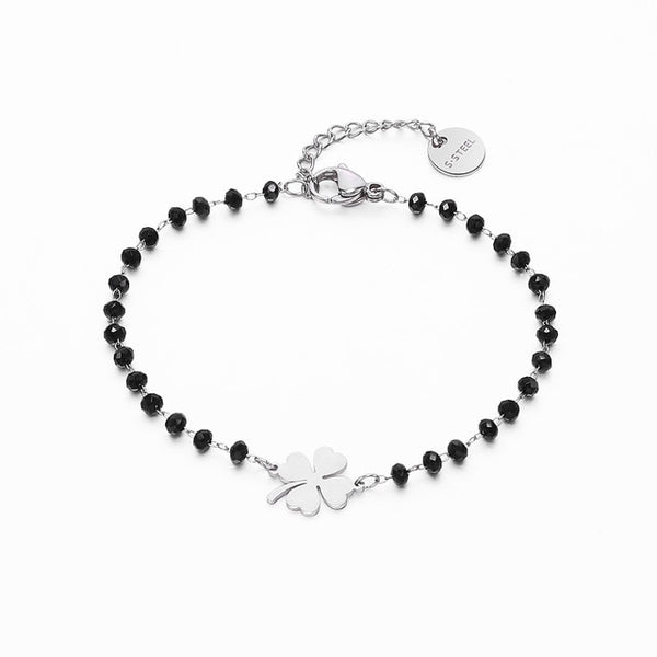 Stainless Steel Black Crystal Beads Chain Bracelet Rose Gold Heart Star Four Clover Charms Bracelet For Women 2020 Steel Jewelry