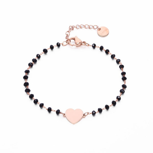 Stainless Steel Black Crystal Beads Chain Bracelet Rose Gold Heart Star Four Clover Charms Bracelet For Women 2020 Steel Jewelry