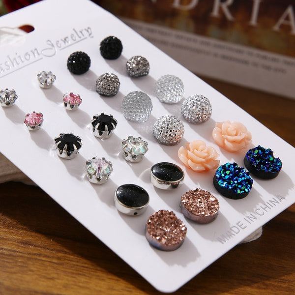 EN 12 paires fleur femmes boucles d'oreilles ensemble perle cristal boucles d'oreilles