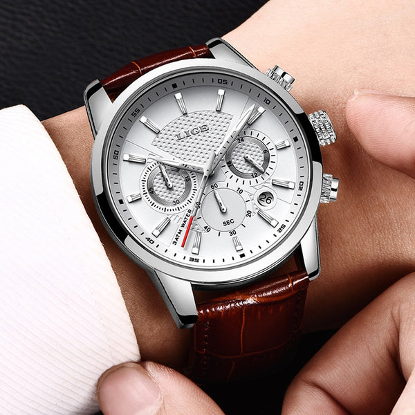 2020 New Mens Watches LIGE Top Brand Leather Chronograph Waterproof Sport Automatic Date Quartz Watch For Men Relogio Masculino