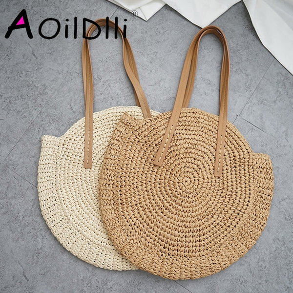 Round Straw Beach Bag Vintage Handmade Woven Shoulder Bag Raffia circle Rattan bags Bohemian Summer Vacation Casual Bags