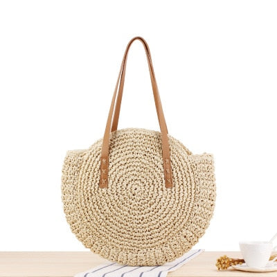 Round Straw Beach Bag Vintage Handmade Woven Shoulder Bag Raffia circle Rattan bags Bohemian Summer Vacation Casual Bags