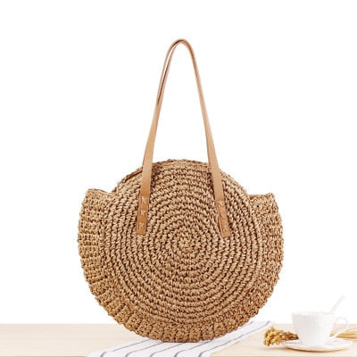 Round Straw Beach Bag Vintage Handmade Woven Shoulder Bag Raffia circle Rattan bags Bohemian Summer Vacation Casual Bags