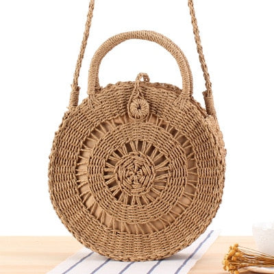 Round Straw Beach Bag Vintage Handmade Woven Shoulder Bag Raffia circle Rattan bags Bohemian Summer Vacation Casual Bags