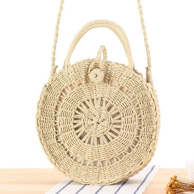 Round Straw Beach Bag Vintage Handmade Woven Shoulder Bag Raffia circle Rattan bags Bohemian Summer Vacation Casual Bags