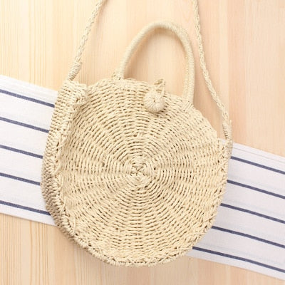 Round Straw Beach Bag Vintage Handmade Woven Shoulder Bag Raffia circle Rattan bags Bohemian Summer Vacation Casual Bags