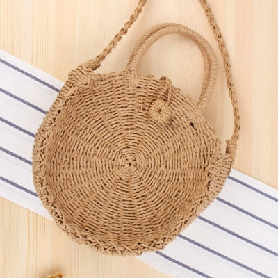 Round Straw Beach Bag Vintage Handmade Woven Shoulder Bag Raffia circle Rattan bags Bohemian Summer Vacation Casual Bags