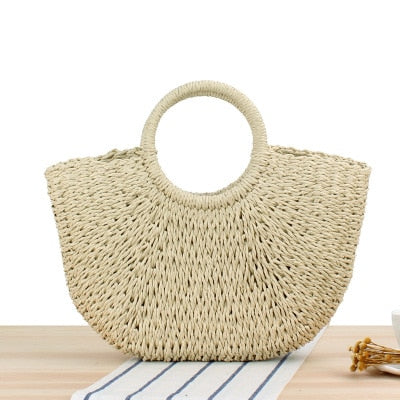 Round Straw Beach Bag Vintage Handmade Woven Shoulder Bag Raffia circle Rattan bags Bohemian Summer Vacation Casual Bags