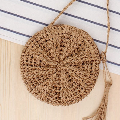 Round Straw Beach Bag Vintage Handmade Woven Shoulder Bag Raffia circle Rattan bags Bohemian Summer Vacation Casual Bags