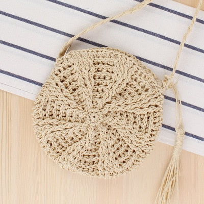 Round Straw Beach Bag Vintage Handmade Woven Shoulder Bag Raffia circle Rattan bags Bohemian Summer Vacation Casual Bags