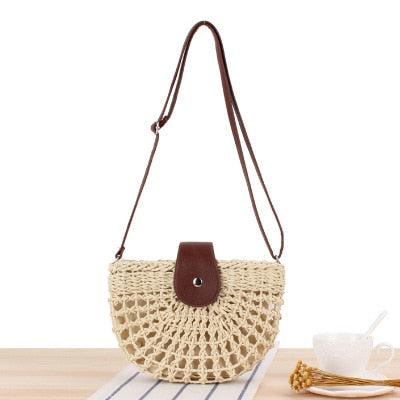 Round Straw Beach Bag Vintage Handmade Woven Shoulder Bag Raffia circle Rattan bags Bohemian Summer Vacation Casual Bags