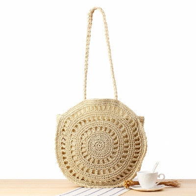 Round Straw Beach Bag Vintage Handmade Woven Shoulder Bag Raffia circle Rattan bags Bohemian Summer Vacation Casual Bags