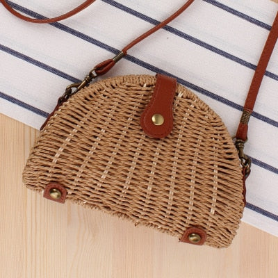 Round Straw Beach Bag Vintage Handmade Woven Shoulder Bag Raffia circle Rattan bags Bohemian Summer Vacation Casual Bags