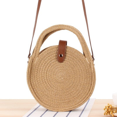 Round Straw Beach Bag Vintage Handmade Woven Shoulder Bag Raffia circle Rattan bags Bohemian Summer Vacation Casual Bags