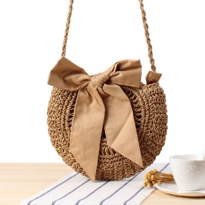 Round Straw Beach Bag Vintage Handmade Woven Shoulder Bag Raffia circle Rattan bags Bohemian Summer Vacation Casual Bags