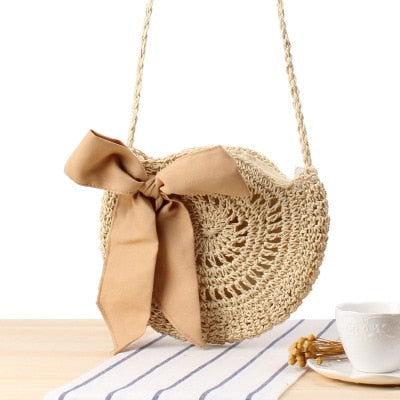 Round Straw Beach Bag Vintage Handmade Woven Shoulder Bag Raffia circle Rattan bags Bohemian Summer Vacation Casual Bags