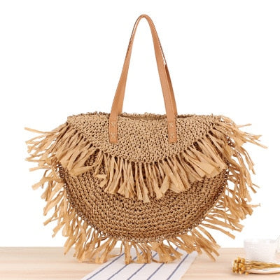 Round Straw Beach Bag Vintage Handmade Woven Shoulder Bag Raffia circle Rattan bags Bohemian Summer Vacation Casual Bags