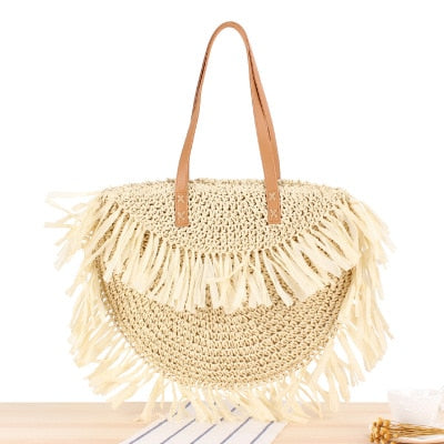 Round Straw Beach Bag Vintage Handmade Woven Shoulder Bag Raffia circle Rattan bags Bohemian Summer Vacation Casual Bags