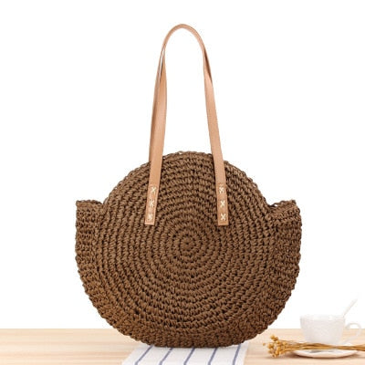 Round Straw Beach Bag Vintage Handmade Woven Shoulder Bag Raffia circle Rattan bags Bohemian Summer Vacation Casual Bags