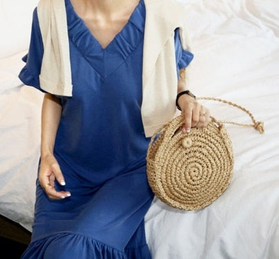 Round Straw Beach Bag Vintage Handmade Woven Shoulder Bag Raffia circle Rattan bags Bohemian Summer Vacation Casual Bags