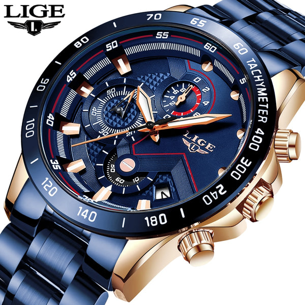 LIGE 2020 New Fashion Mens Watches with Stainless Steel Top Brand Luxury Sports Chronograph Quartz Watch Men Relogio Masculino