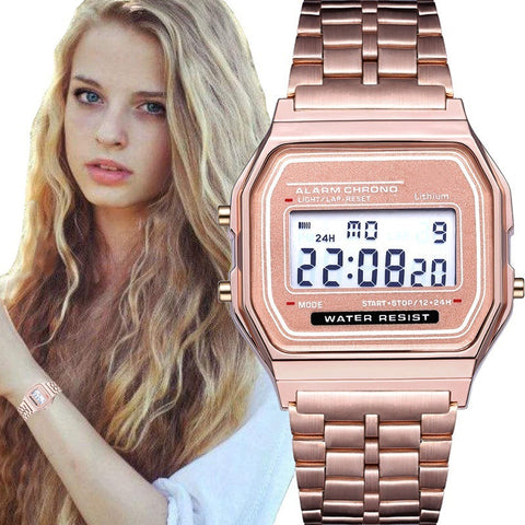 Montre numérique de luxe en or Rose femmes Ultra-mince en acier LED