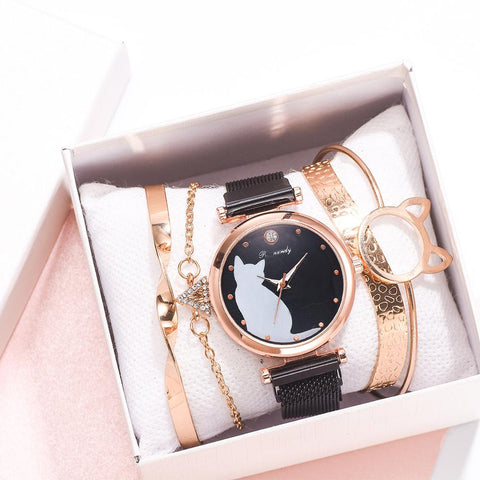 Cat Dial Bracelet Magnetic Watches Set Luxury Women's Dress Bangle Quartz Clock Ladies Fashion Wrist Watch Gift Zegarek Damski