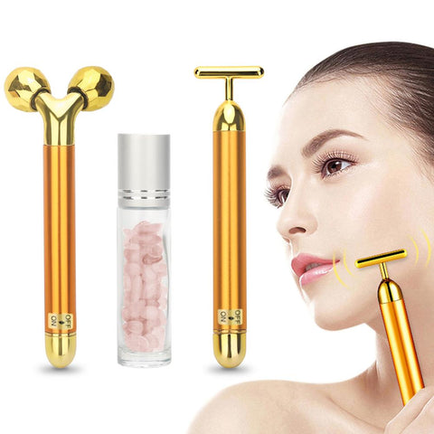 3 in 1 Energy Beauty Bar 24k Golden Vibrating Facial Roller Massager Face Lifting Anti-wrinkle Skin Care Gemstone Roller Ball