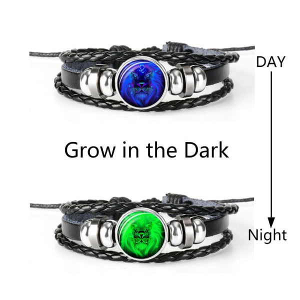 12 Constellation Zodiac Sign Black Braided Leather Bracelet Cancer Leo Virgo Libra Woven Glass Dome Jewelry Punk Men Bracelet