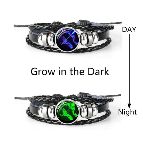 12 Constellation Zodiac Sign Black Braided Leather Bracelet Cancer Leo Virgo Libra Woven Glass Dome Jewelry Punk Men Bracelet