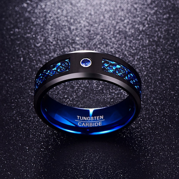 Commerce extérieur en Fiber de carbone gommage bleu Zircon hommes anneaux 100% carbure de tungstène Anillos para hombres Black Dragon