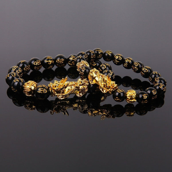 Feng Shui Black Beads Alloy Wealth Bracelet Unisex Wristband Gold Black Pixiu Wealth and Good Luck Women Men Bracelet