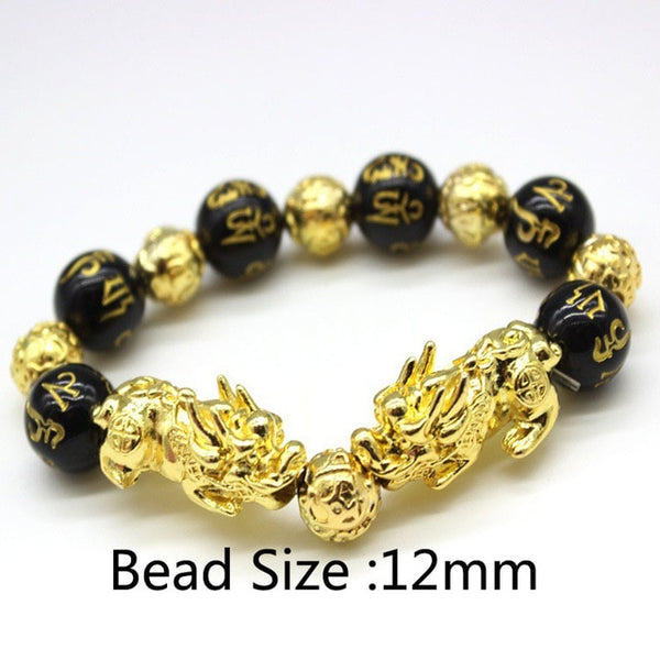 Feng Shui Black Beads Alloy Wealth Bracelet Unisex Wristband Gold Black Pixiu Wealth and Good Luck Women Men Bracelet