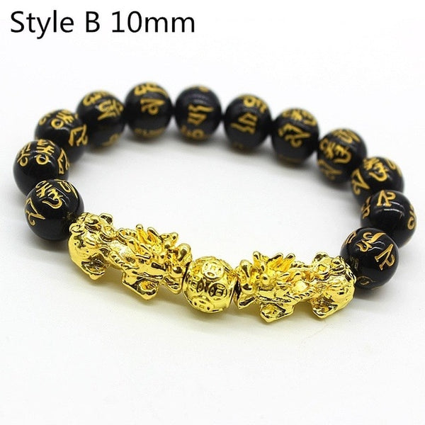 Feng Shui Black Beads Alloy Wealth Bracelet Unisex Wristband Gold Black Pixiu Wealth and Good Luck Women Men Bracelet