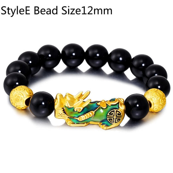 Feng Shui Black Beads Alloy Wealth Bracelet Unisex Wristband Gold Black Pixiu Wealth and Good Luck Women Men Bracelet