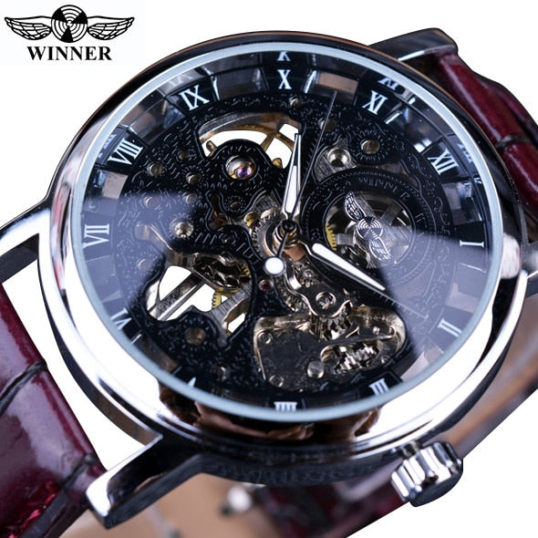 Winner Transparent Golden Case Luxury Casual Design Brown Leather Strap Mens Watches Top Brand Luxury Mechanical Skeleton Watch