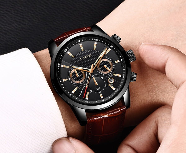 2020 New Mens Watches LIGE Top Brand Leather Chronograph Waterproof Sport Automatic Date Quartz Watch For Men Relogio Masculino