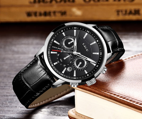 2020 New Mens Watches LIGE Top Brand Leather Chronograph Waterproof Sport Automatic Date Quartz Watch For Men Relogio Masculino