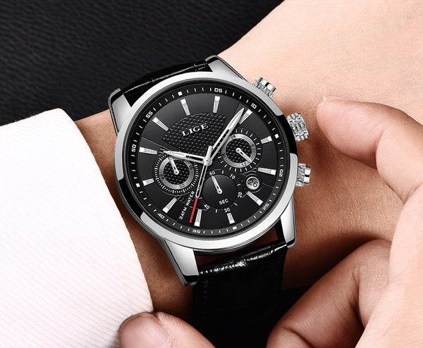 2020 New Mens Watches LIGE Top Brand Leather Chronograph Waterproof Sport Automatic Date Quartz Watch For Men Relogio Masculino