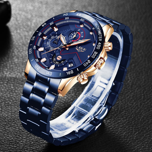 LIGE 2020 New Fashion Mens Watches with Stainless Steel Top Brand Luxury Sports Chronograph Quartz Watch Men Relogio Masculino