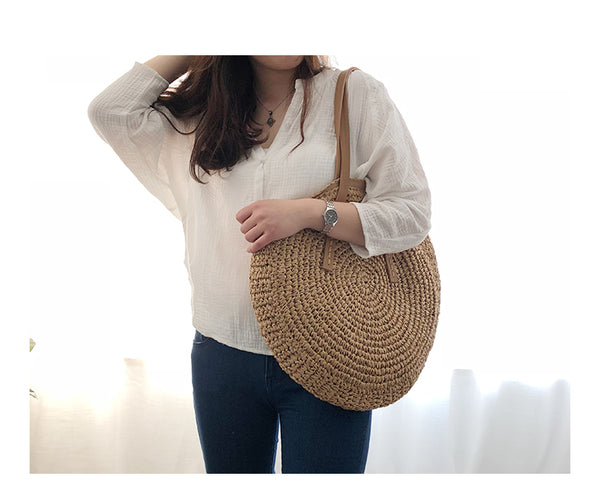 Round Straw Beach Bag Vintage Handmade Woven Shoulder Bag Raffia circle Rattan bags Bohemian Summer Vacation Casual Bags