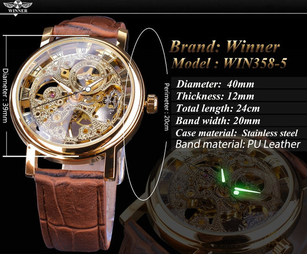 Winner Transparent Golden Case Luxury Casual Design Brown Leather Strap Mens Watches Top Brand Luxury Mechanical Skeleton Watch